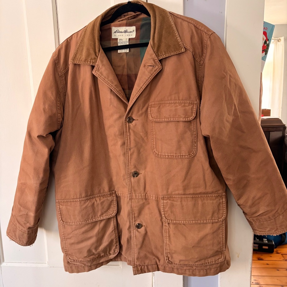 Eddie Bauer Mens L Barn Coat Canvas Duck Brown Corduroy Collar Goose Down Jacket